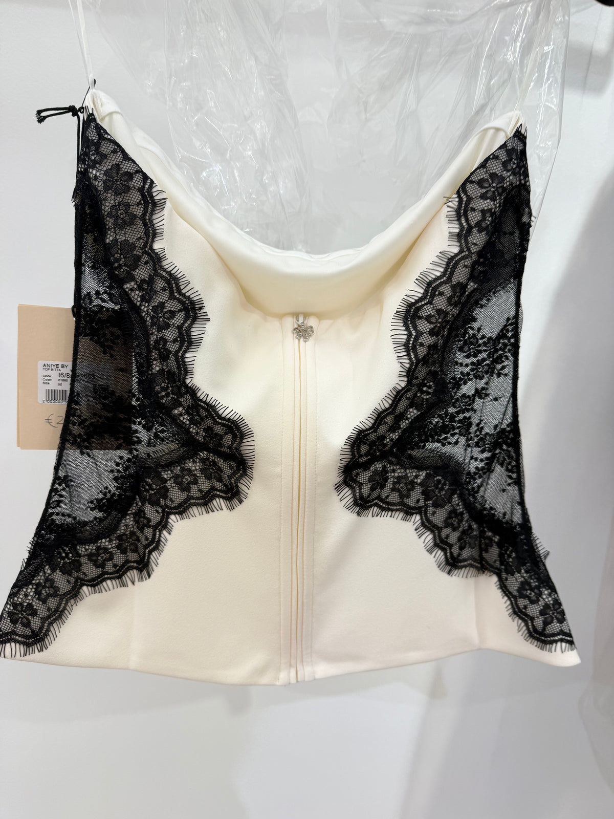 Top lingerie in raso panna con pizzo nero Made in Italy