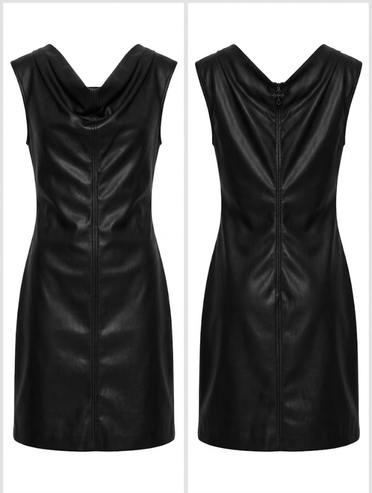 Abito mini nero in pelle con scollo drappeggiato Made in Italy