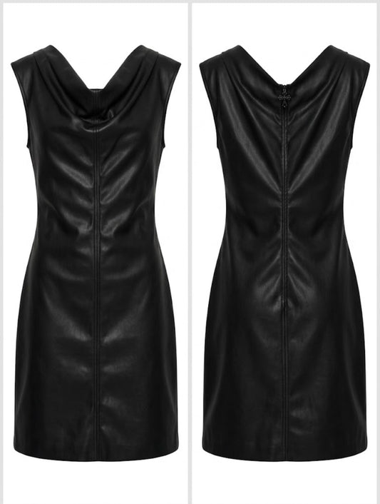 Abito mini nero in pelle con scollo drappeggiato Made in Italy