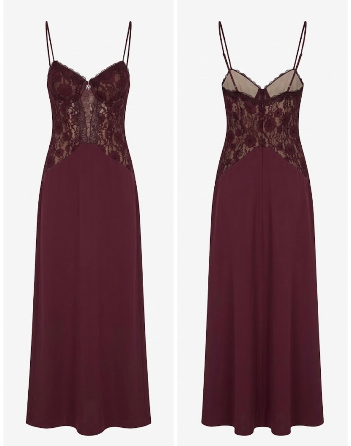 Abito lungo bordeaux con corpino in pizzo Made in Italy