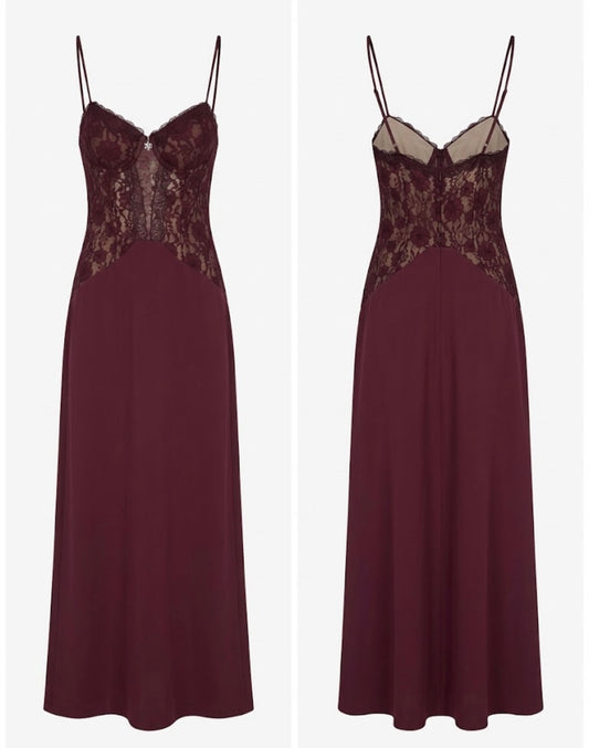 Abito lungo bordeaux con corpino in pizzo Made in Italy