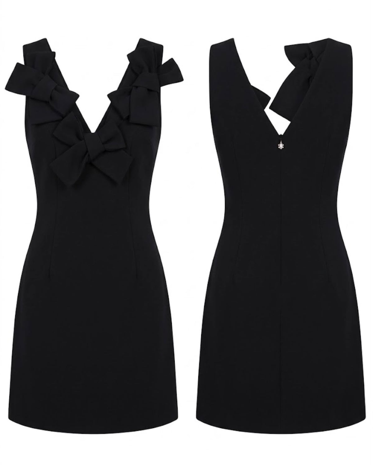 Abito corto nero smanicato con fiocchi sullo scollo Made in Italy