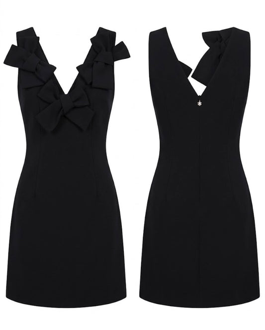 Abito corto nero smanicato con fiocchi sullo scollo Made in Italy
