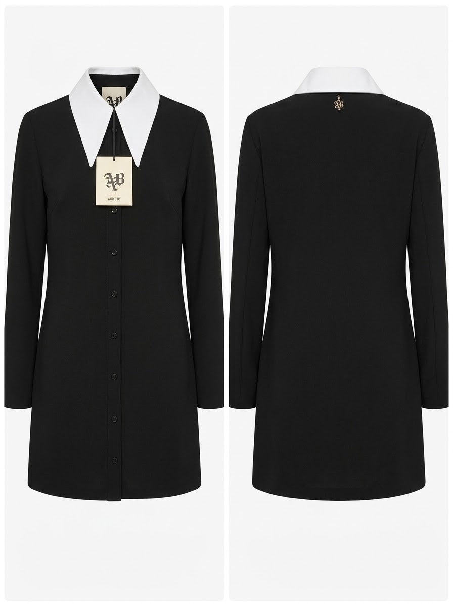 Aniye By Abito chemisier nero con collo bianco a contrasto Made in Italy