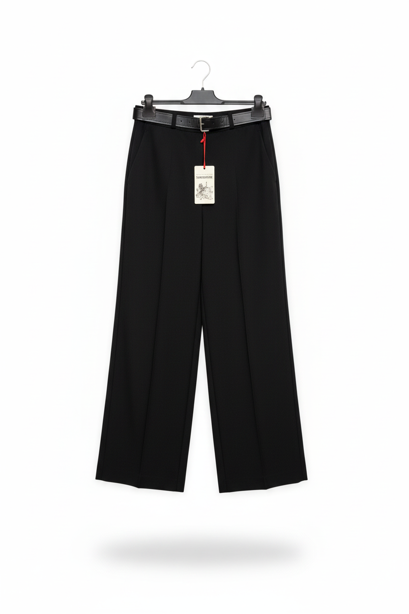 Pantalone nero a gamba larga in cotone con cintura Made in Italy