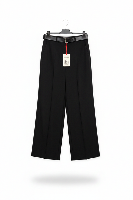Pantalone nero a gamba larga in cotone con cintura Made in Italy