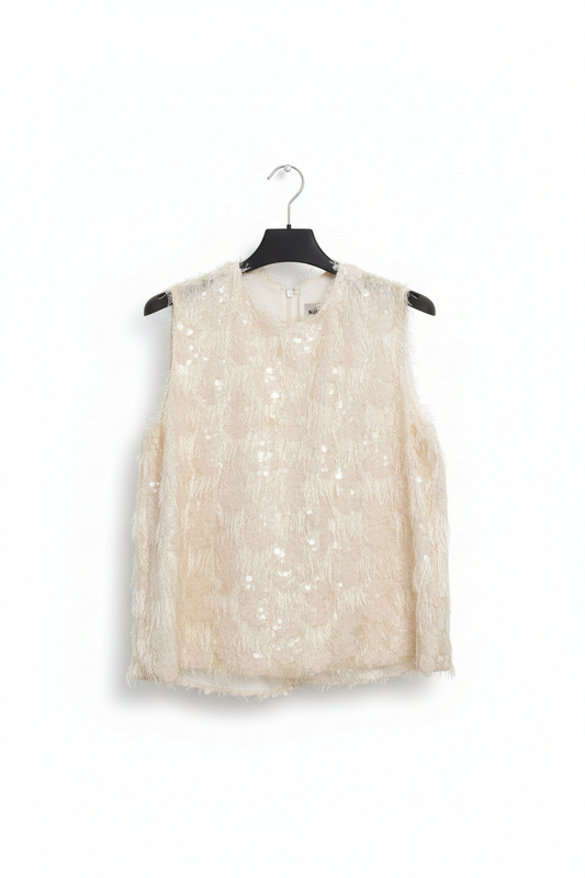 Top smanicato panna effetto mohair con paillettes Made in Italy
