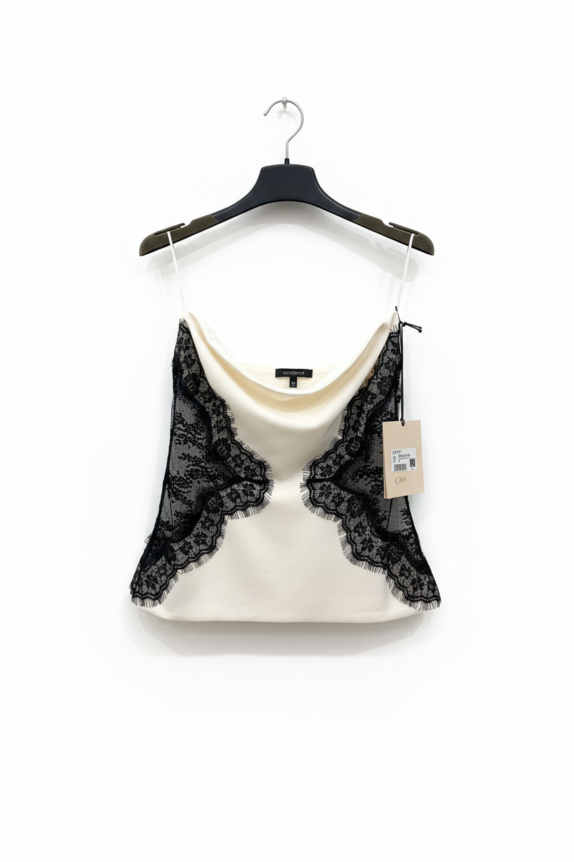 Top lingerie in raso panna con pizzo nero Made in Italy