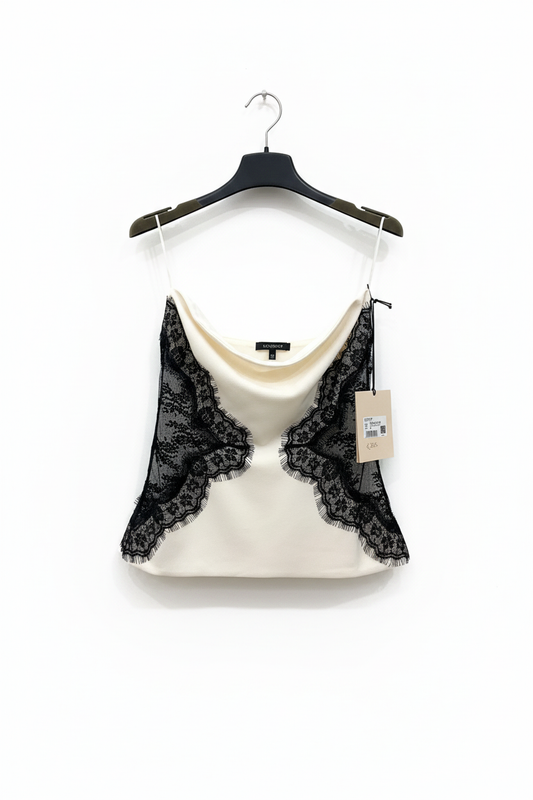 Top lingerie in raso panna con pizzo nero Made in Italy