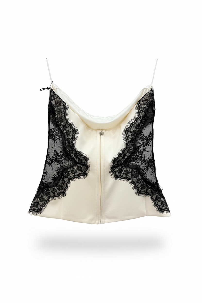 Top lingerie in raso panna con pizzo nero Made in Italy