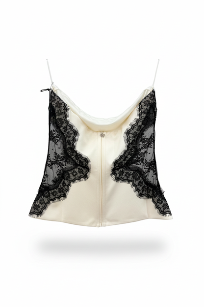 Top lingerie in raso panna con pizzo nero Made in Italy
