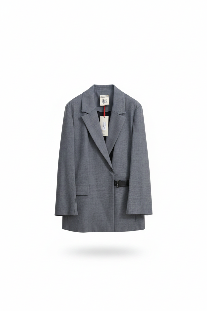 Blazer grigio oversize in misto lana con cintura Made in Italy