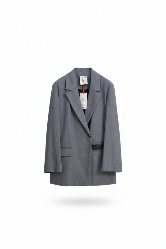 Blazer grigio oversize in misto lana con cintura Made in Italy