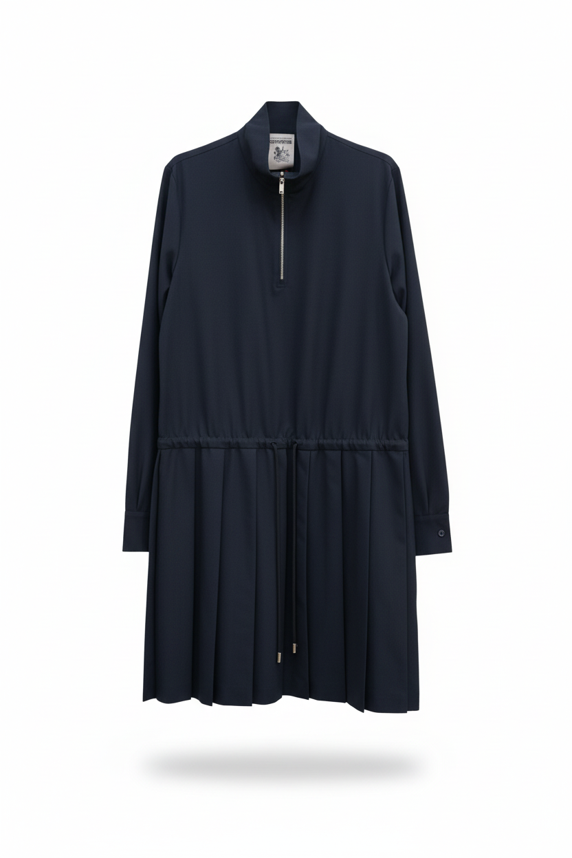Abito midi blu navy plissettato con collo a zip Made in Italy