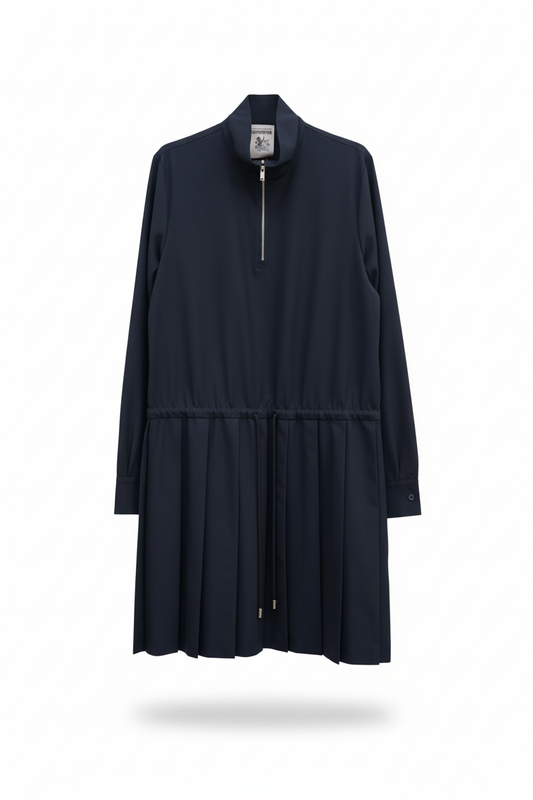 Abito midi blu navy plissettato con collo a zip Made in Italy